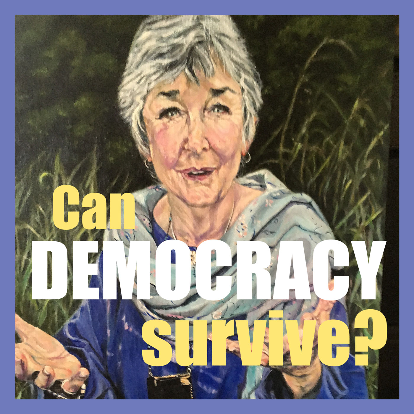 Illustration of author, Peg Michels, with the title "Can democracy survive?"